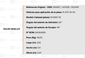 Ficha técnica de cabezal Scania 112 - Ángulo de admisión 20°, escape 45° - OEM 390667 / 347428 / 1523418 - Maringa