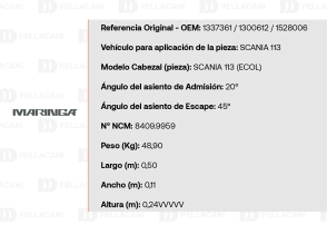 Ficha técnica cabezal Scania 113 ECOL - OEM 1337361 / 1300612 / 1528006 - Ángulos de válvulas admisión 20° y escape 45° - Maringa