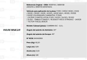 Ficha técnica cabezal CUMMINS ISC 8.3L - Ángulos admisión 30°, escape 45° - Aplicaciones Ford, VW, Iveco - Maringa