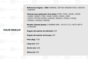 Ficha técnica cabezal CUMMINS ISB6 e IVECO NEF6 - Admisión 30°, Escape 45°, Peso 71 kg - Aplicaciones Ford e Iveco