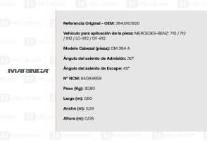 Ficha técnica de cabezal OM364 A para Mercedes-Benz 710–OF812. - Maringa en Pellacani Store